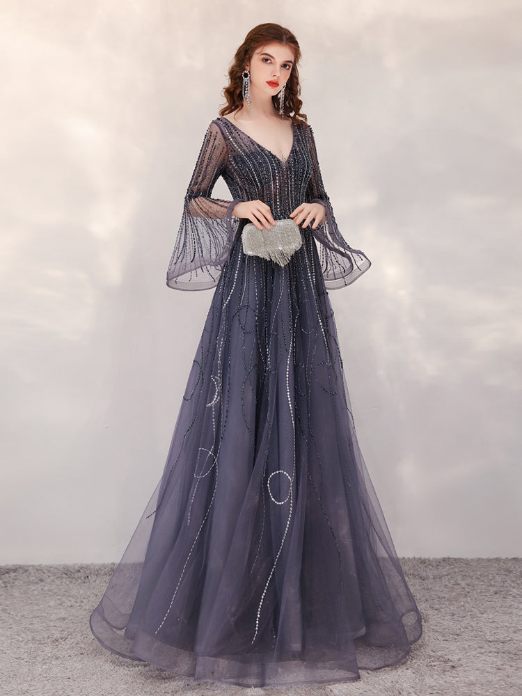 Plain Gray Trumpet Sleeve Dress with Zipper – Mid Waist