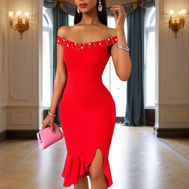 Women's Beaded Off-Shoulder Bodycon Dress – Ruffle Hem High-Slit Midi Dress