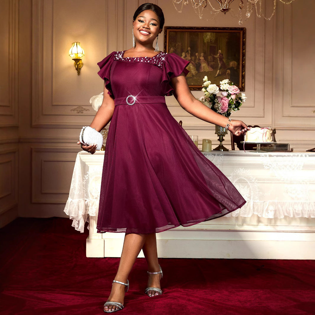 Red Plus-Size Socialite A-Line Dress with Ruffled Sleeves – Beaded, Mid-Length, 0XL to 4XL