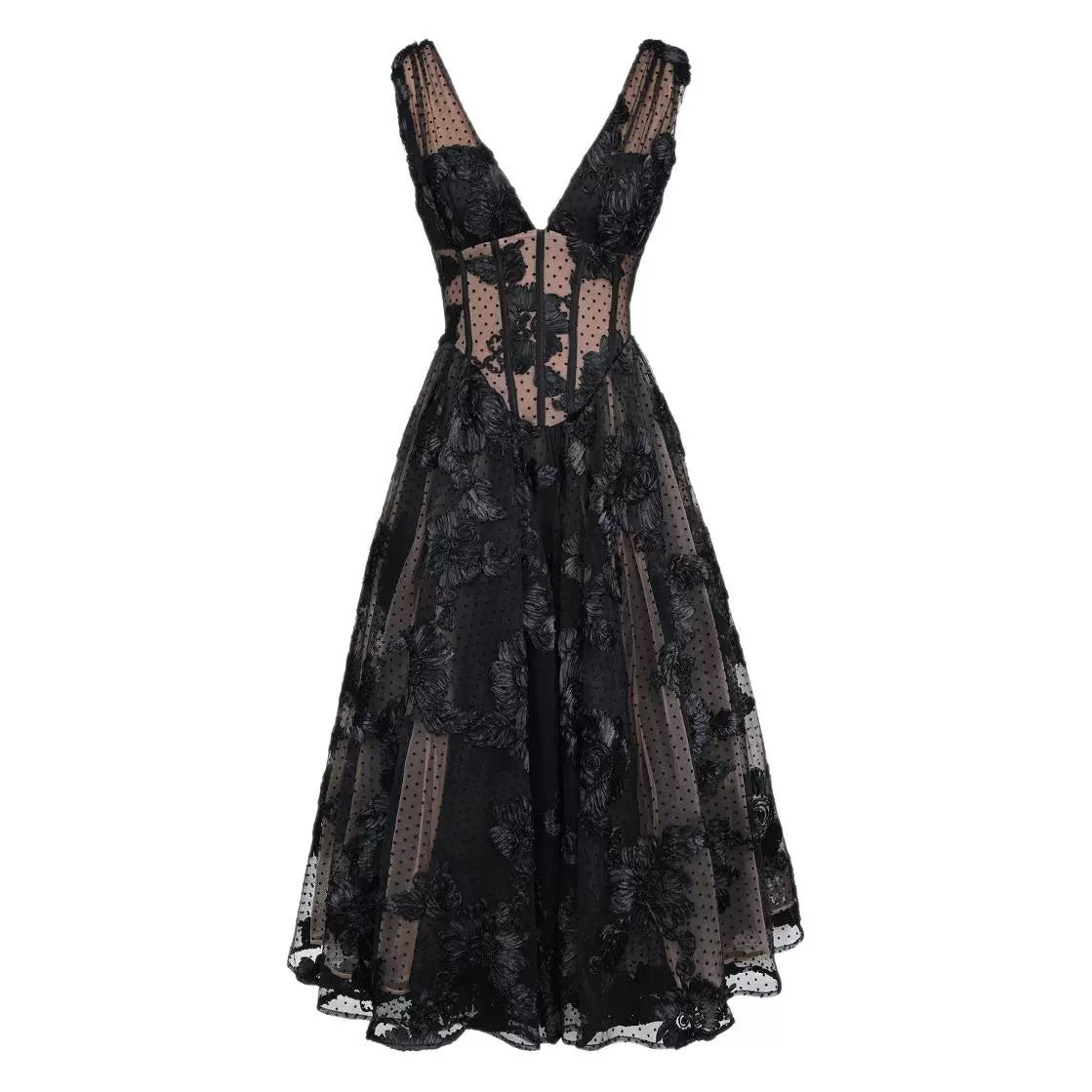 Black Lace Long Dress with Zipper – Mid Waist – XS to XXXL