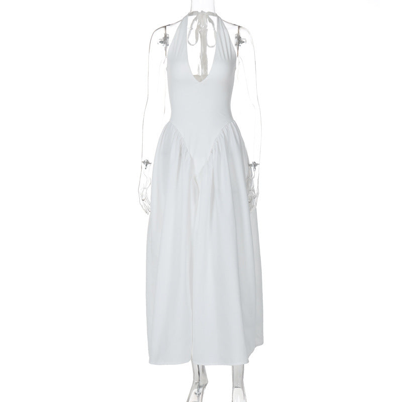 Sexy Deep V-Neck Halter Dress with Hollow Out Detailing – Flared Hem Maxi Dress
