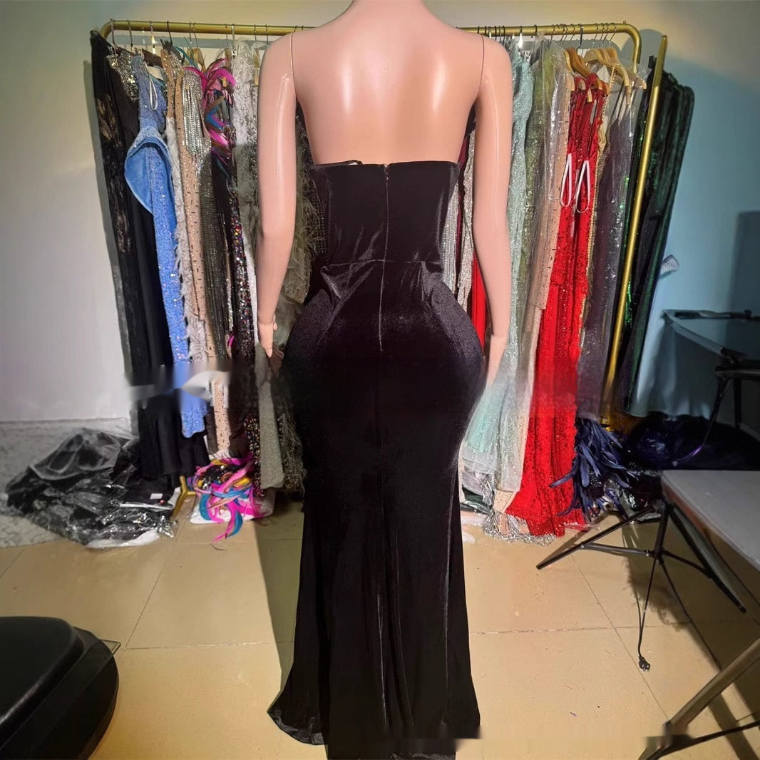 Elegant Black Character Print Sleeveless Tight Long Dress – Mid Waist