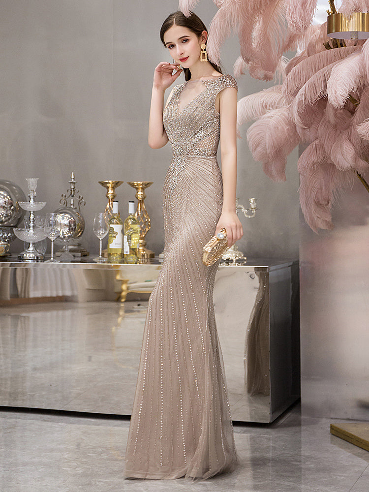 Elegant Sleeveless Fishtail Dress – Mid Waist, Cameo Brown / Gray / Champagne