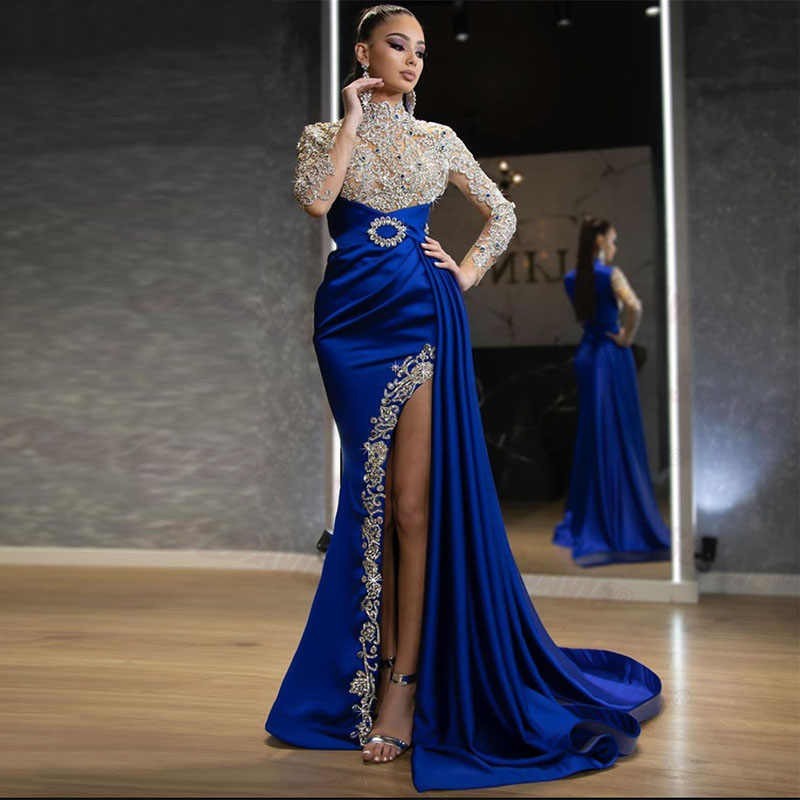 Women's Elegant Embroidered Long Sleeve Maxi Dress – Blue Mid-Waist Commuter Style