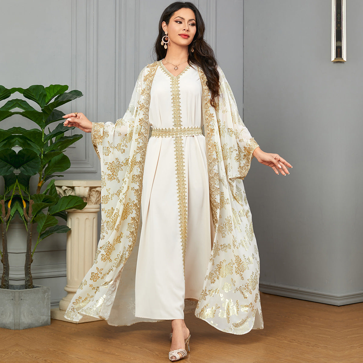 Elegant Long Belted Dress with Gold Detailing – Women's Polyester Maxi Dress