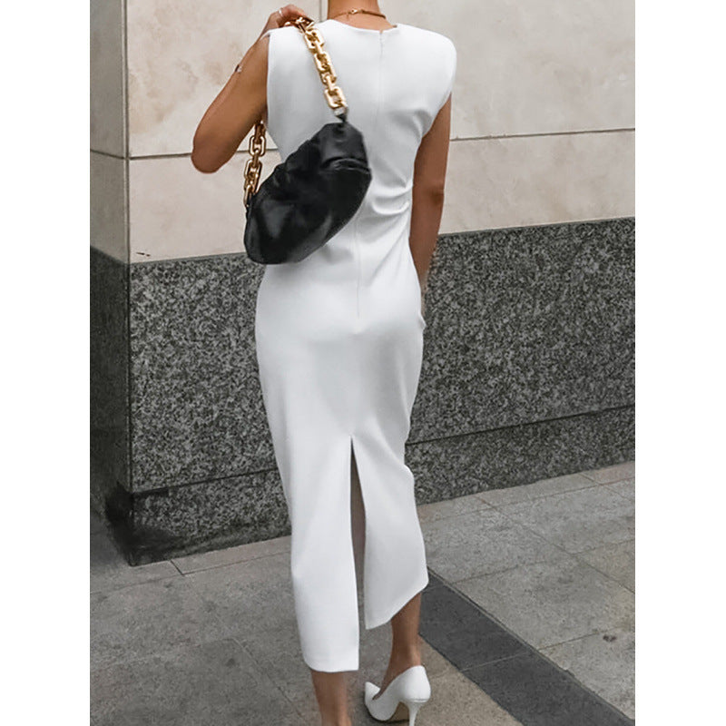 White High Waist Tight Skirt Dress – Zipper Detail Long Dress