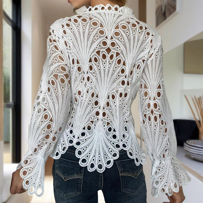 Women’s Sexy Lace Hollow-Out Blouse – Button Front Flared Sleeve Top