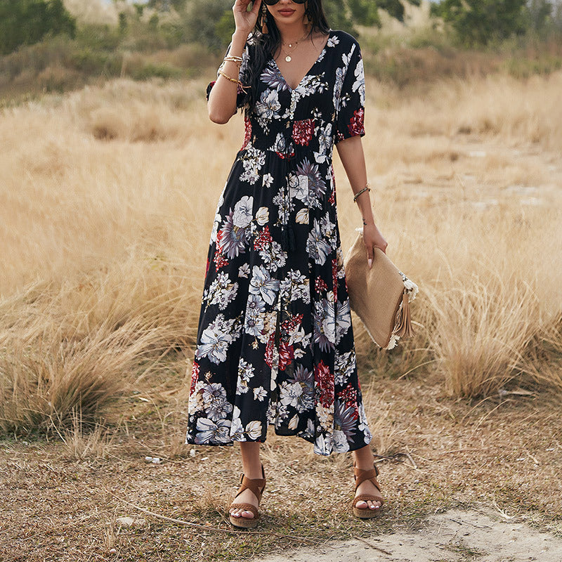 Printed V-Neck Midi Dress – High Waist Flowy Hem Dress with Short Sleeves