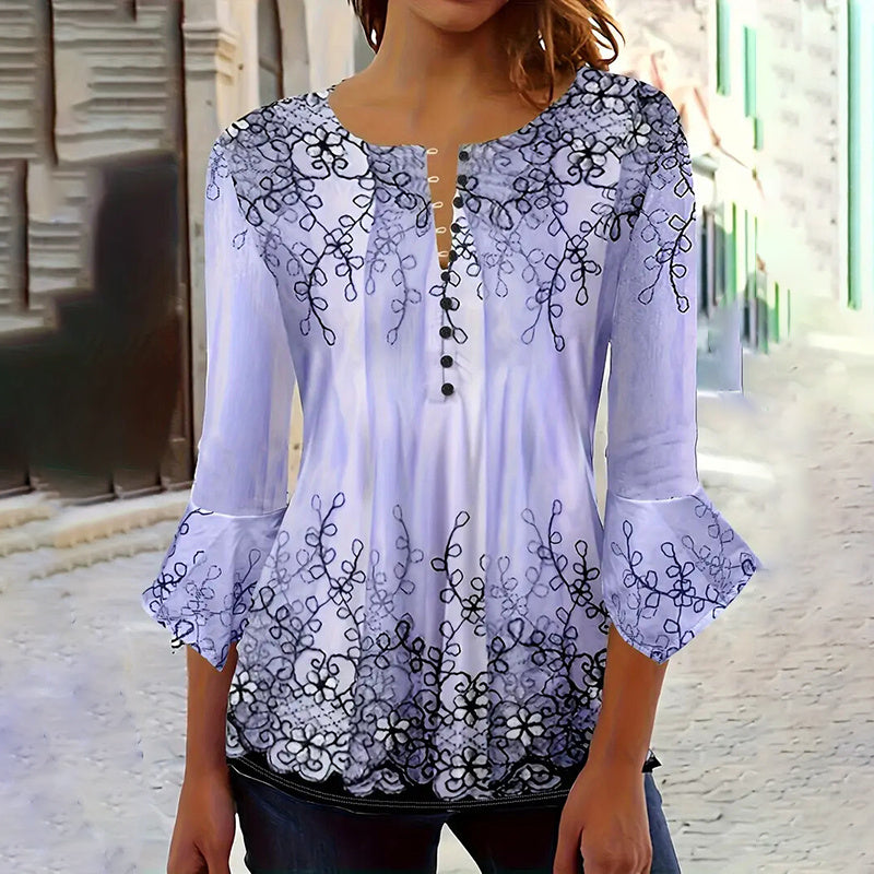 Women's V-Neck 3/4 Sleeve Button Front Tunic Blouse Dressy Casual Tee Top