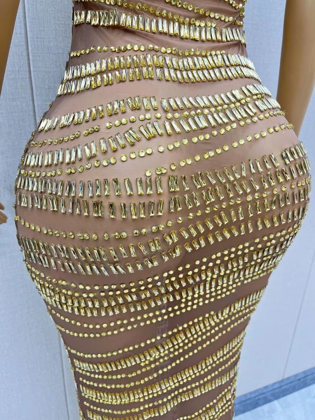 Gold Hip Skirt Long Dress with Rhinestones – European & American Style